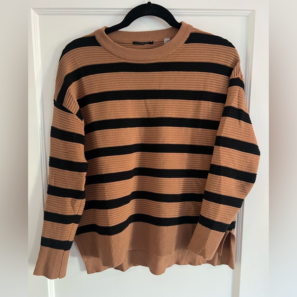 T Tahari Crewneck Stretch Sweater in Black and Brown Stripes, Medium